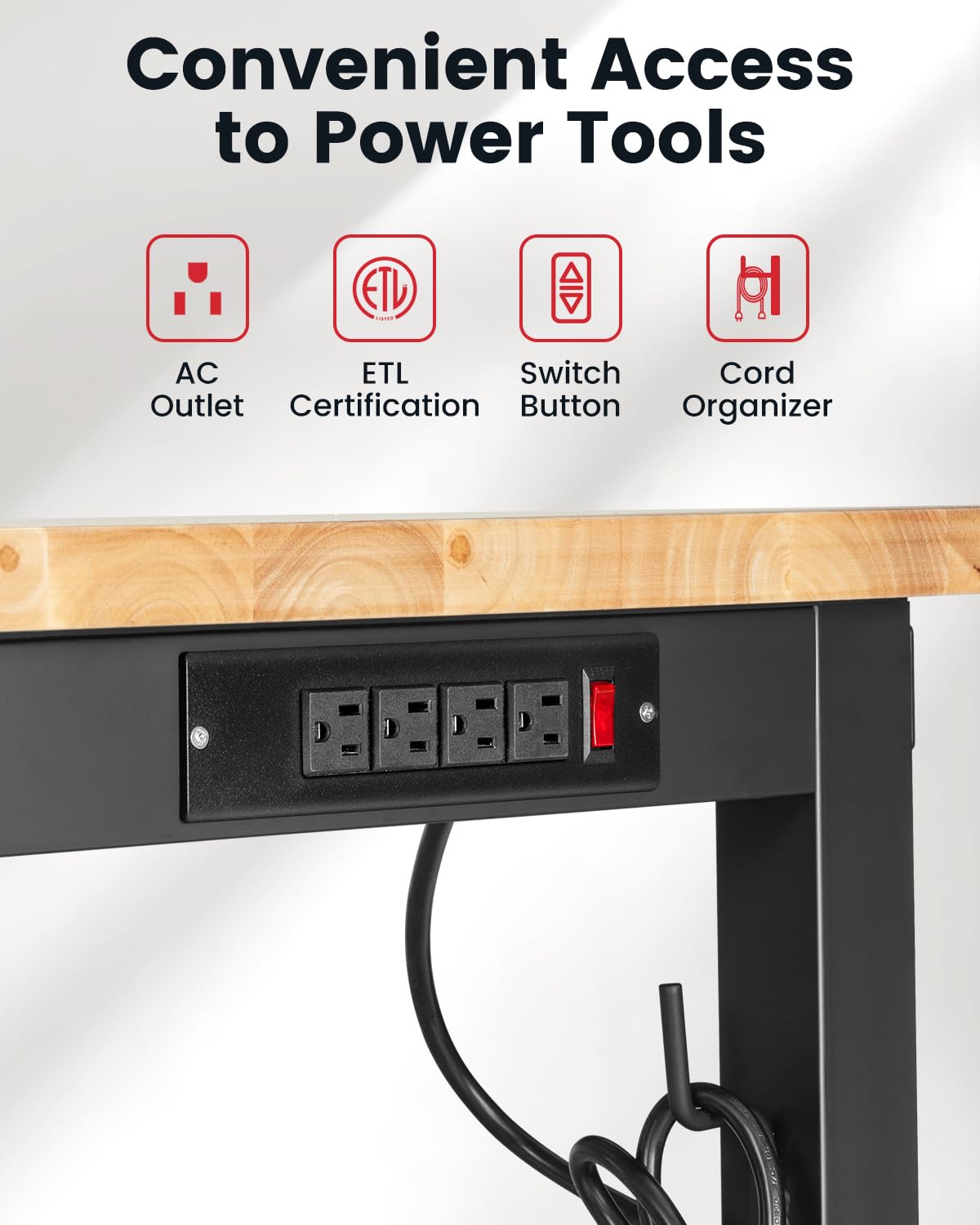 ENJOYWOOD 60 Inch Workbench for Garage Adjustable Height Work Bench with Pegboard Power Outlets Rubber Wood Tabletop Work Table for Cutting Wood Woodworking Shop Home Office Electronic ENJOYWOOD