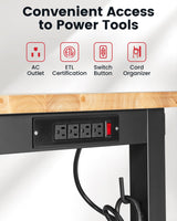 ENJOYWOOD 60 Inch Workbench for Garage Adjustable Height Work Bench with Pegboard Power Outlets Rubber Wood Tabletop Work Table for Cutting Wood Woodworking Shop Home Office Electronic ENJOYWOOD