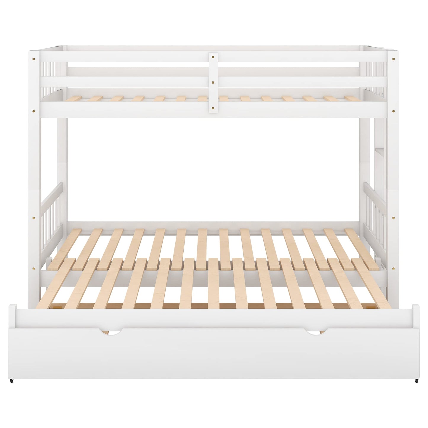 KLMM Twin Over Twin/Queen Wood Bunk Bed with Trundle and Stretchable Down Bed, Accommodate 4 People Extendable Bunk Beds with Ladder and Safety Rail (White/4-in-1) - WoodArtSupply