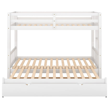 KLMM Twin Over Twin/Queen Wood Bunk Bed with Trundle and Stretchable Down Bed, Accommodate 4 People Extendable Bunk Beds with Ladder and Safety Rail (White/4-in-1) - WoodArtSupply