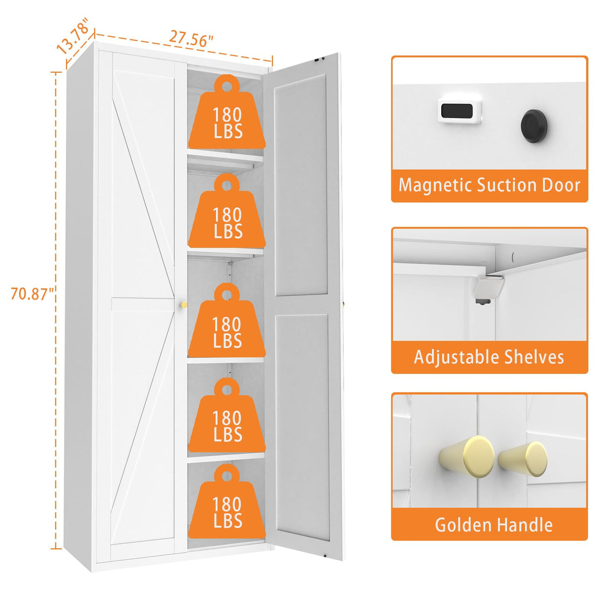 Howzone Food Pantry Cabinet, 71" Kitchen Pantry Storage Cabinets with Doors and Adjustable Shelves, Metal Hutch Cabinet with Storage for Kitchen, Living Room, Dining Room, White Howzone