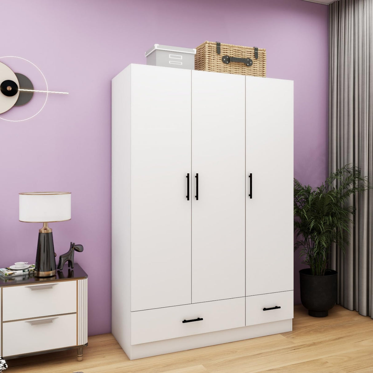 GraceGrove 3-Door Wooden Wardrobe Closet, Armoires and Wardrobes with 2 Drawers and Shelves Armoire Wardrobe Closet with Hanging Rod White 47.2''W x 18.9''D x 70.86''H GraceGrove