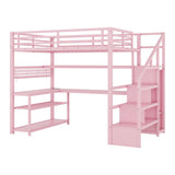 Full Size Loft Bed with LED Light and Stairs, Metal Loft Bed Frame with Desk, Storage Drawers & Shelves, Hanging Rod, Gaming Lofts Beds with Charging Station for Adults Teens Kids Gamer, Pink Mirightone
