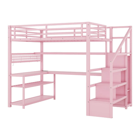 Full Size Loft Bed with LED Light and Stairs, Metal Loft Bed Frame with Desk, Storage Drawers & Shelves, Hanging Rod, Gaming Lofts Beds with Charging Station for Adults Teens Kids Gamer, Pink Mirightone
