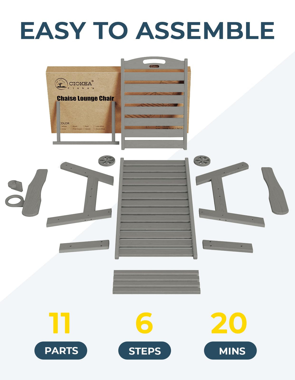 Lounge Chair Outdoor, Oversized Chaise Lounge Chair with 5 Positions, HDPE, Patio Lounge Chair with Wheels & Cup Holder for Pool, Deck, Poolside, Grey Ciokea