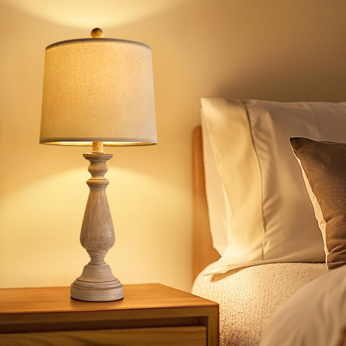 PORTRES 24.5" Mid Century Single Table Lamp for Living Room Farmhouse Linen Bedside Lamps for Bedroom Kids Room Dorm Office Rustic Lamps for End Table Nigntstand Resin PORTRES