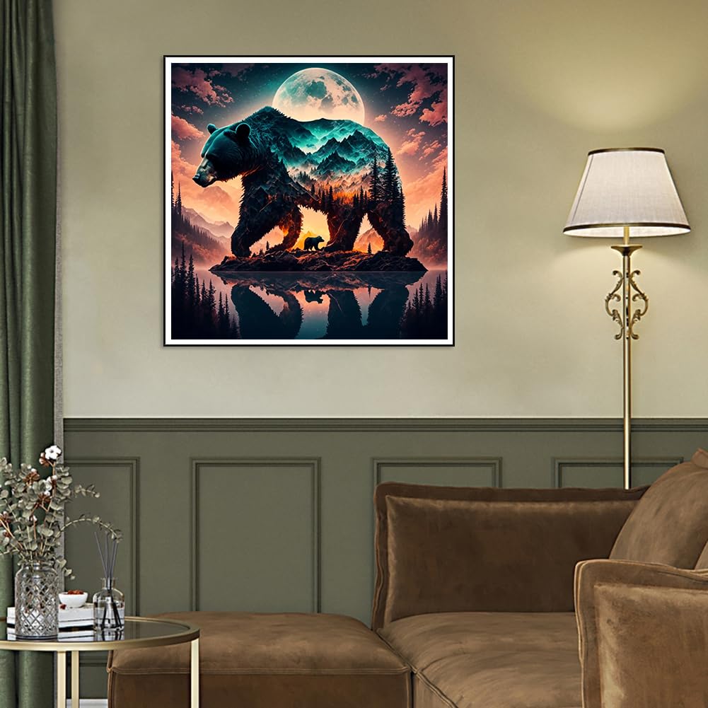 Ekuxom Forest Bear Diamond Art Kits for Adults, DIY Animal Diamond Art Kits, Moon Round Full Drill Animal Diamond Painting Kits for Adults Gem Art Wall Decor Gifts 14x14 inch Ekuxom