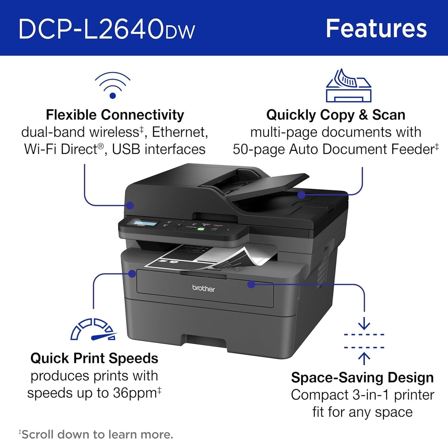 Brother DCP-L26 Series Wireless Monochrome 3-in-1 Laser Printer, 36 ppm in Black, 250 Sheets, Mobile Printing, Automatic Two-Sided Printing, Refresh Subscription Trial, Gray, with MTC Printer Cable