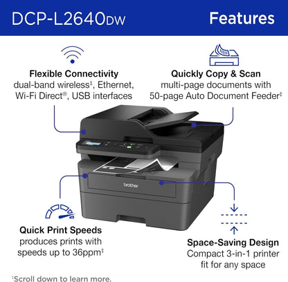 Brother DCP-L26 Series Wireless Monochrome 3-in-1 Laser Printer, 36 ppm in Black, 250 Sheets, Mobile Printing, Automatic Two-Sided Printing, Refresh Subscription Trial, Gray, with MTC Printer Cable