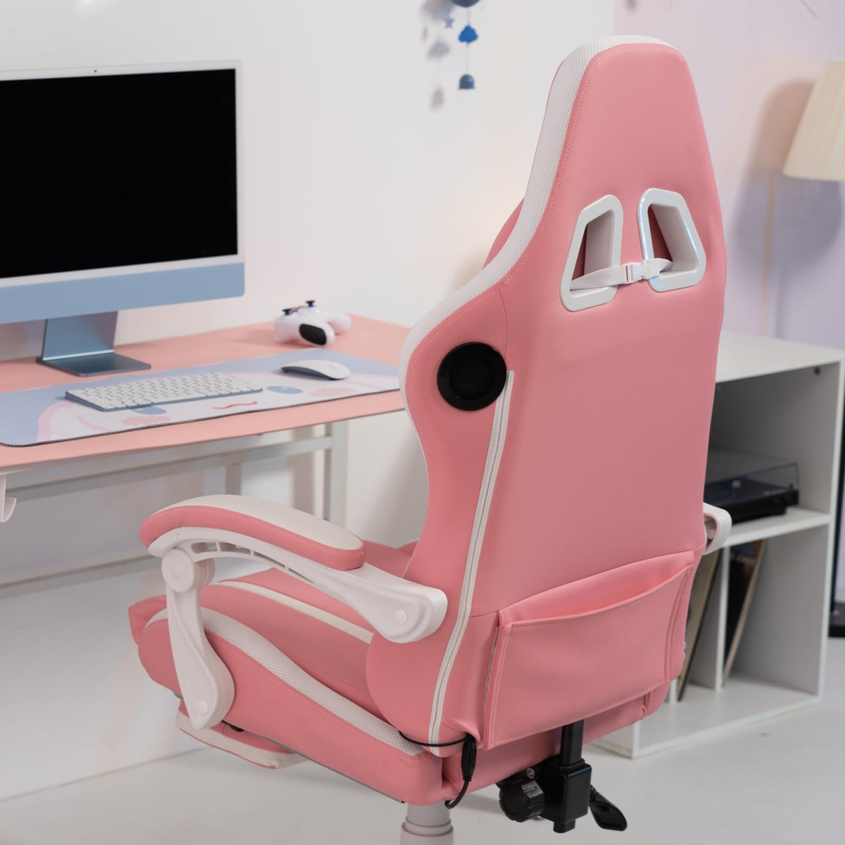 HOFFREE Pink Gaming Chair Massage with Speakers Bluetooth Cute Video Game Chair with Footrest Big and Tall Reclining Computer Game Chair for Girls HOFFREE