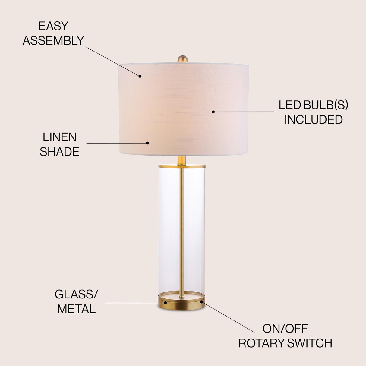 JONATHAN Y JYL2005A Collins 29" Glass LED Table Lamp Modern Contemporary Glam Bedside Desk Nightstand Lamp for Bedroom Living Room Office College Bookcase LED Bulb Included, Clear/Brass Gold JONATHAN Y
