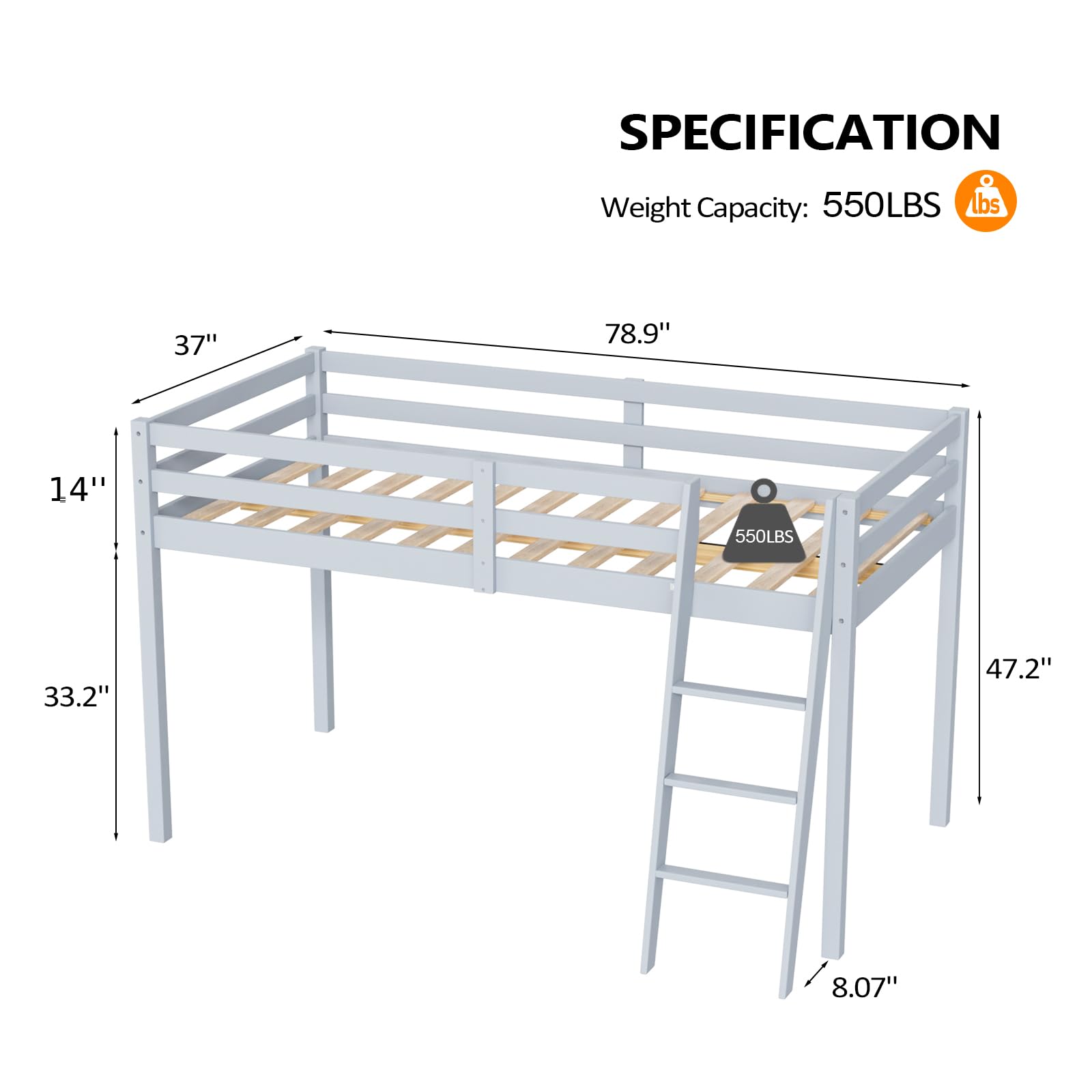 VINGLI 47'' Twin Low Loft Bed with Stairs - Sturdy Pine Wood Frame in Grey for Kids and Teens - WoodArtSupply