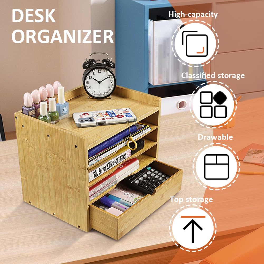 KKTONER 5-Tier Bamboo Desk Organizer with Drawer Tabletop File Organizer Document Holder with Shelf Desktop Cabinet for Home Office School Supplies (Natural) KKTONER