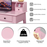 Byroce Small Writing Desk with Removable Hutch, 2-Tier Vanity Table with 4 Drawers, 3 Cubbies & Pine Wood Legs, Study Computer Desk for Bedroom Home Office (Pink) WoodArtSupply