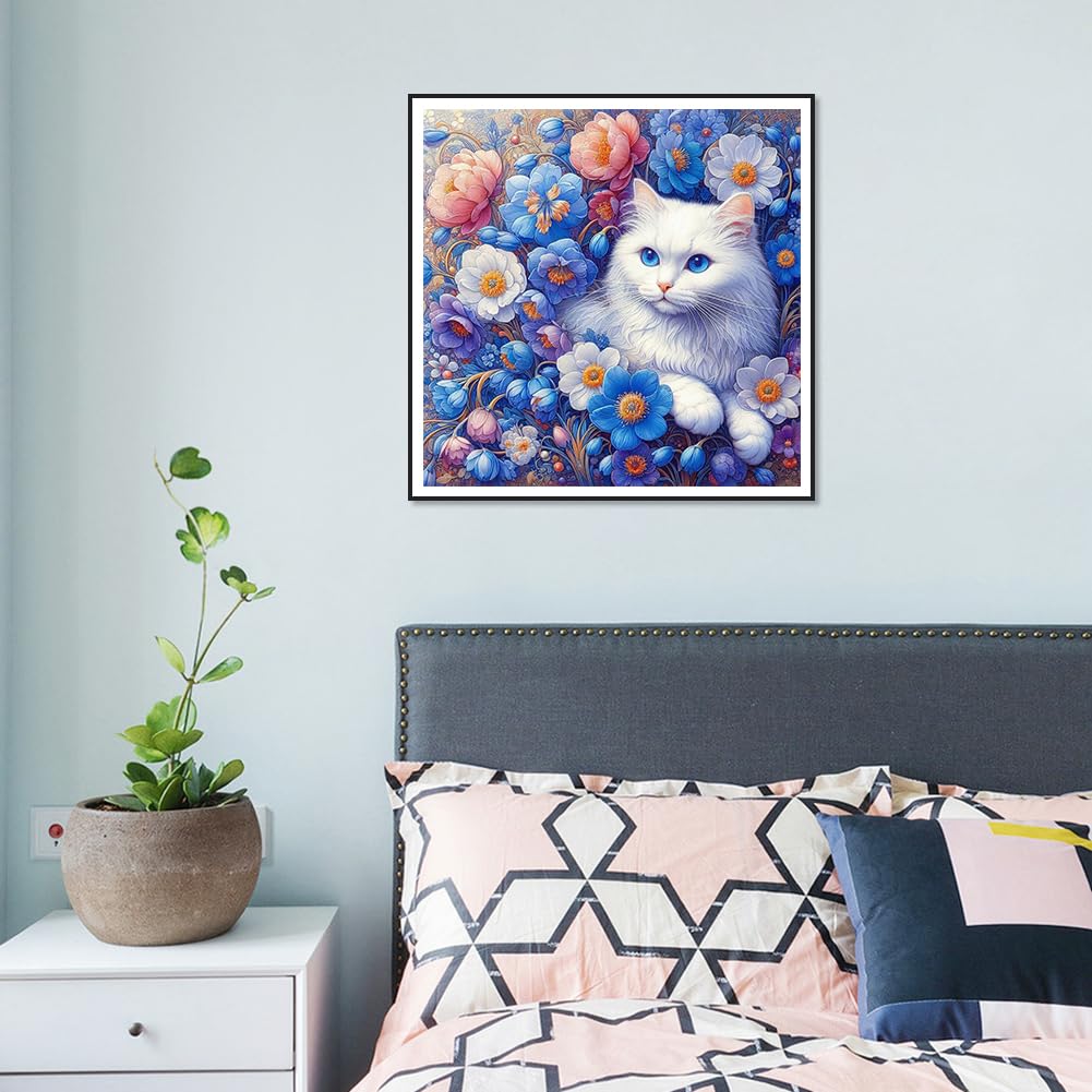 WSLWXSHM Diamond Painting Kits for Adults Cat, Flower Round Full Drill Diamond Art Kits, 5D DIY Paint with Diamonds Crafts for Home Wall Decoration Gifts 12×12Inch, Animal WSLWXSHM