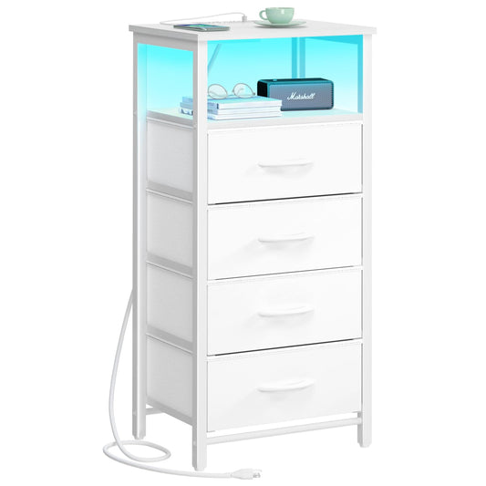 Yoobure White Nightstand - Small Dresser for Bedroom, LED Night Stand with Charger Station, Bedside Table with 4 Fabric Drawers and Open Shelf, Vertical Dressers with USB Ports and Outlets