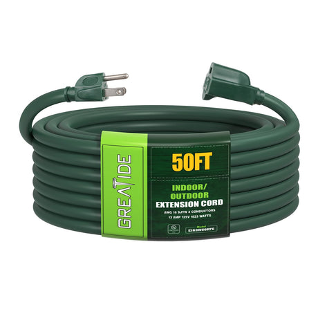 GREATIDE Indoor Outdoor Extension Cord 50 FT, 16/3 SJTW Weatherproof Green Electrical Cords, 13 AMP Heavy Duty 3 Prong Power Cable Great for Garden, Landscaping & Holiday Decorations GREATIDE