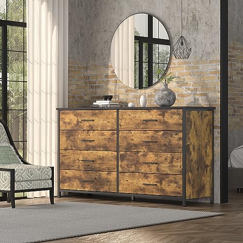 IKENO 8 Drawer Dresser, Industrial Wood Storage Dressers & Chests of Drawers with Sturdy Steel Frame, Storage Dresser for Bedroom Wood (Rustic Brown) IKENO