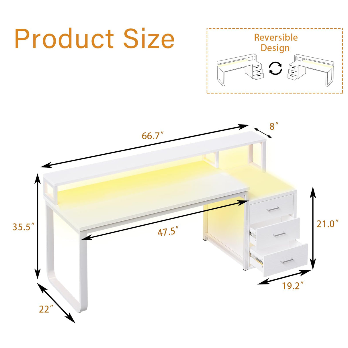 HOMBCK 67” White Desk with 3 Drawers and Storage, Reversible White Office Desk Computer Desk with Monitor Stand, Home Office Desk with LED Strips and Printer Standfor Bedroom HOMBCK