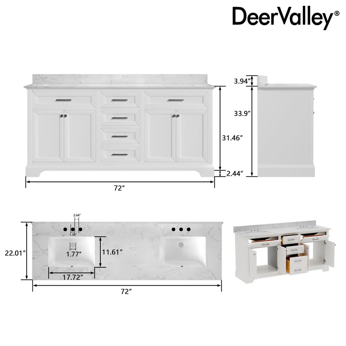 Deer Valley 72'' Bathroom Vanity with Double Sink Top, Pre-Assembled Modern Wood Bathroom Cabinet Sink Combo with Backsplash, Soft Closing Doors, Multifunctional Storage Space Vanity (White) Deer Valley