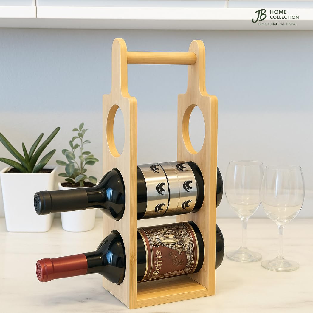 JB Home Collection Compact Wine Stand for 3 Bottles Preassembled Natural Bamboo Display for Counter or Bar JB Home Collection
