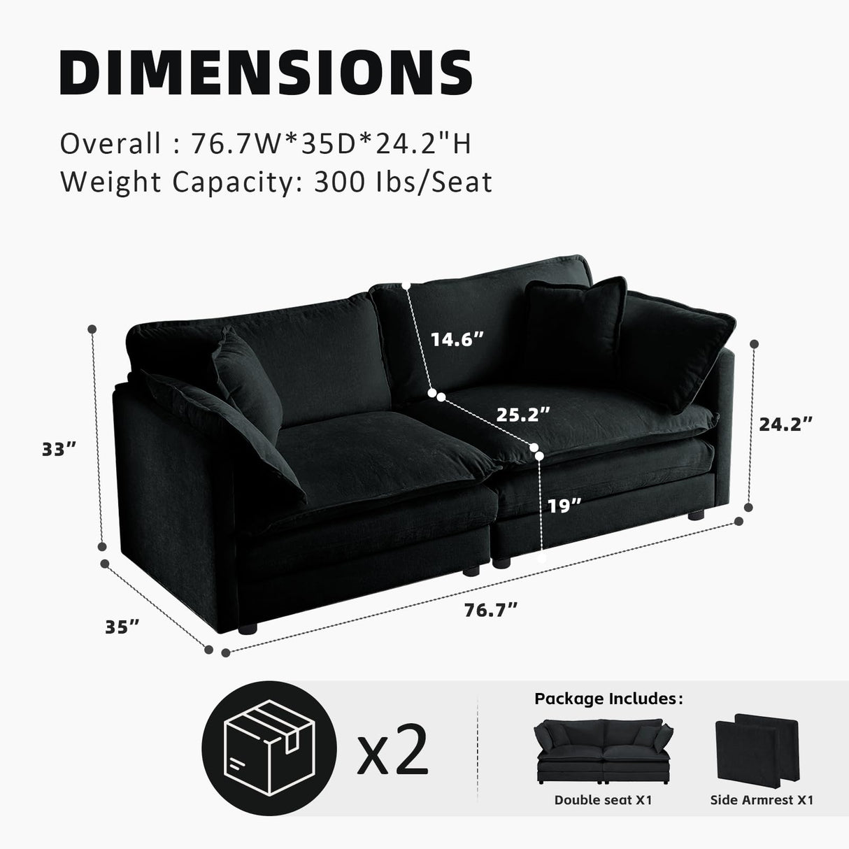 SoarTalent 76.7” Modular Sectional Sofa Convertible Couches, 2 Seater Chenille Deep Seat Cloud Couch Loveseat with Pillows for Living Room, Apartment, Office(Black) SoarTalent