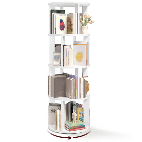 MAHANCRIS 4-Tier Rotating Bookshelf, 360° Spinning Bookshelf Tower, Floor Standing Round Revolving Bookcase, Display Rack for Books, CDs, for Living Room, Study, Bedroom, White BKWT6401 MAHANCRIS