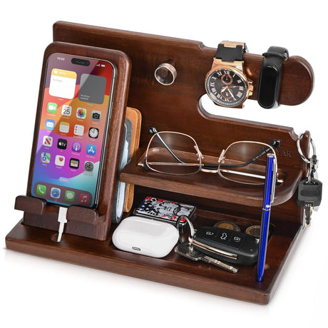 TESLYAR Wood Phone Docking Station for Men - Desk or Nightstand Organizer - Birthday Gifts for Husband or Dad - Anniversary Idea from Wife - Key Holder - Stand Wallet, Watch & Essentials (Nut Brown) TESLYAR