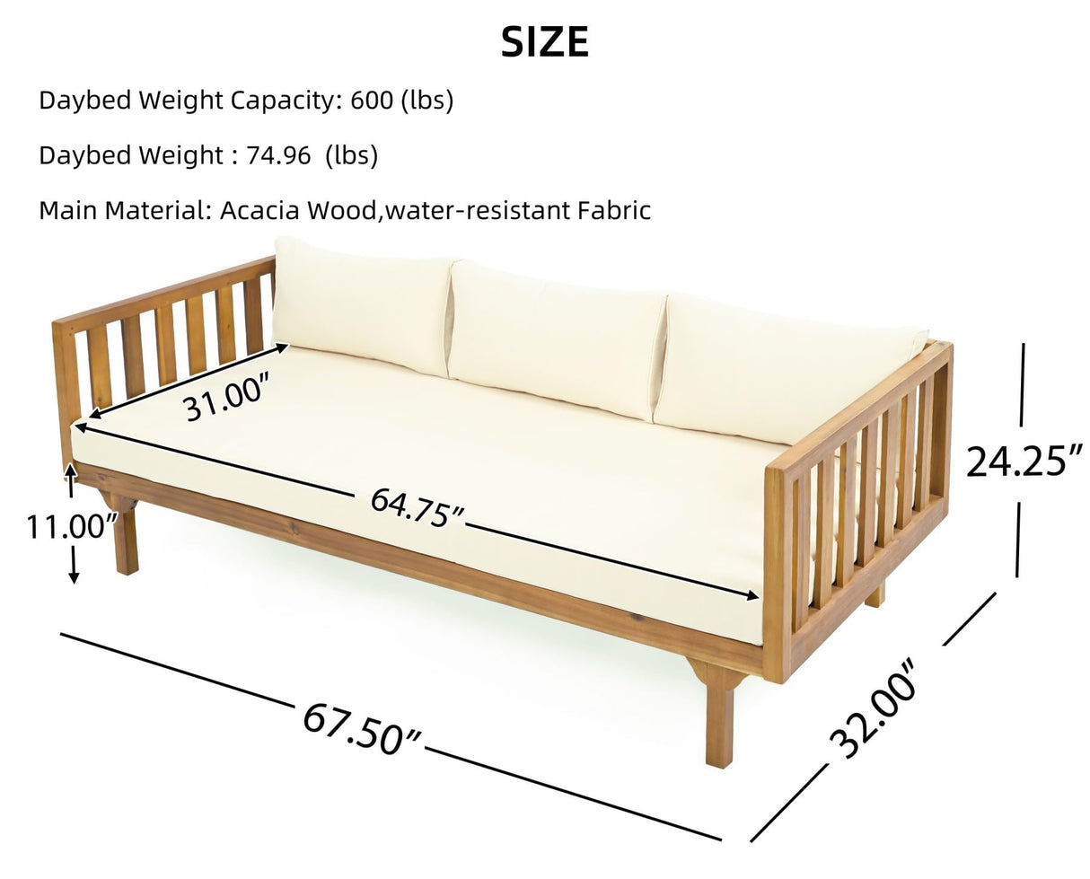 Merax Outdoor Acacia Wood Daybed, 3 Seater Day Bed Couch Sofa with Water Resistant Cushions for Patio Backyard, Garden Furniture, Beige Merax