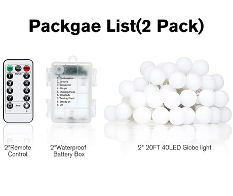 Tasodin 2 Pack 20FT 40 LED Globe String Lights Battery Operated, 8 Modes Battery Powered Outdoor Lights with Remote for Camping Tent, Bedroom, Warm White Tasodin