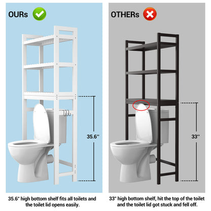 Homykic Over The Toilet Storage, Bamboo 3-Tier Over-The-Toilet Space Saver Organizer Rack, Stable Freestanding Above Toilet Stand with 3 Hooks for Bathroom, Restroom, Laundry, White