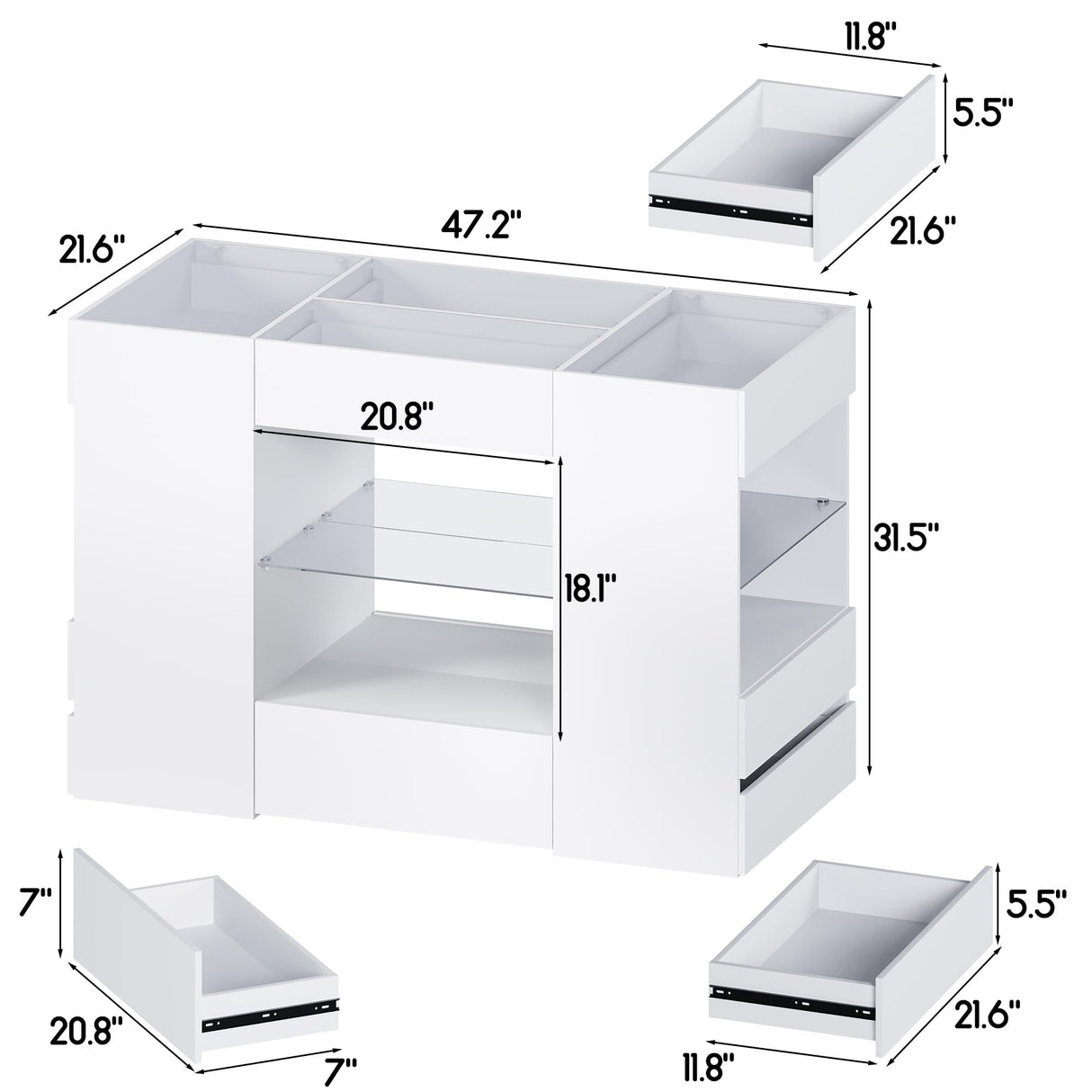 Kikihouse Modern Closet Island with 10 Drawers, LED Wardrobe Armoire Island with Glass Top, Luxury Walk-in Closet Island Storage Cabinet with Display Shelf for Cloakroom, Dressing Room (White) Kikihouse