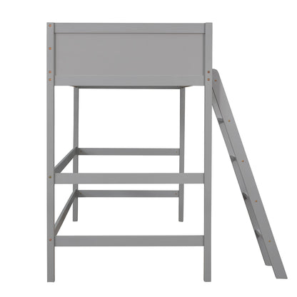 SOFTSEA Twin Size Loft Bed with Ladder, Wooden High Loft Bed with Guardrail for Kids Teens, Space Saving, No Box Spring Needed (Gray)