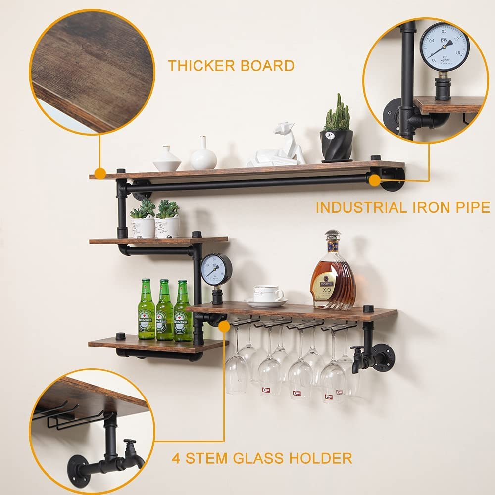 HEONITURE Industrial Pipe Shelves Wine Rack Wall Mounted with 4 Stem Glass Holder,Bar Shelves 39in Metal Hanging Wine Rack, Rustic Floating Pipe Shelf, Living Room Kitchen Decor Display Rack HEONITURE