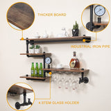 HEONITURE Industrial Pipe Shelves Wine Rack Wall Mounted with 4 Stem Glass Holder,Bar Shelves 39in Metal Hanging Wine Rack, Rustic Floating Pipe Shelf, Living Room Kitchen Decor Display Rack HEONITURE