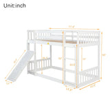 Twin Over Twin Floor Bunk Bed, Wooden Twin Loft Bed Frame with Climbing Ramp and Ladder, Heavy Duty Low Bunk Bed with Guardrail, Modern Twin Floor Bed for Teens and Adults, Space Saving, White Ziraukon