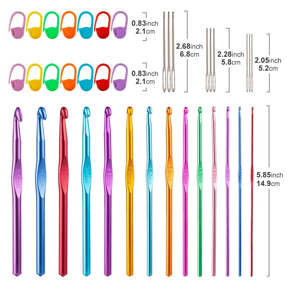 Vodiye 37 PCS Crochet Hooks Set, High Quality Coloured Aluminum Ergonomic Handle Crochet, Hook Needles for Arthritic Hands, with Stitch Markers and Large-Eye Blunt Needles Vodiye
