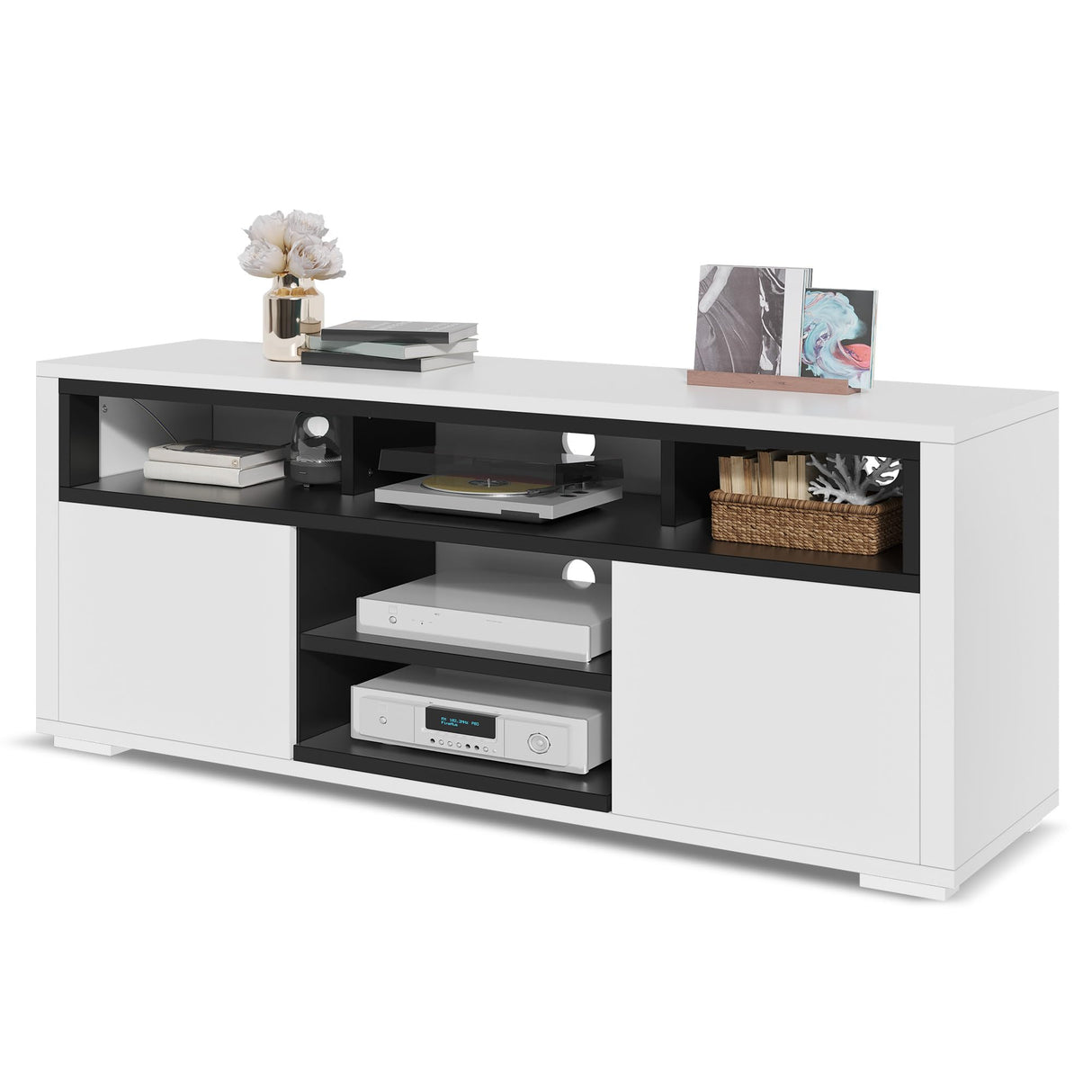 YITAHOME TV Stand for 55 inch TV, White Modern Entertainment Center with Storage, LED TV Stands for Living Room, High Glossy TV Console Cabinet, White & Black YITAHOME