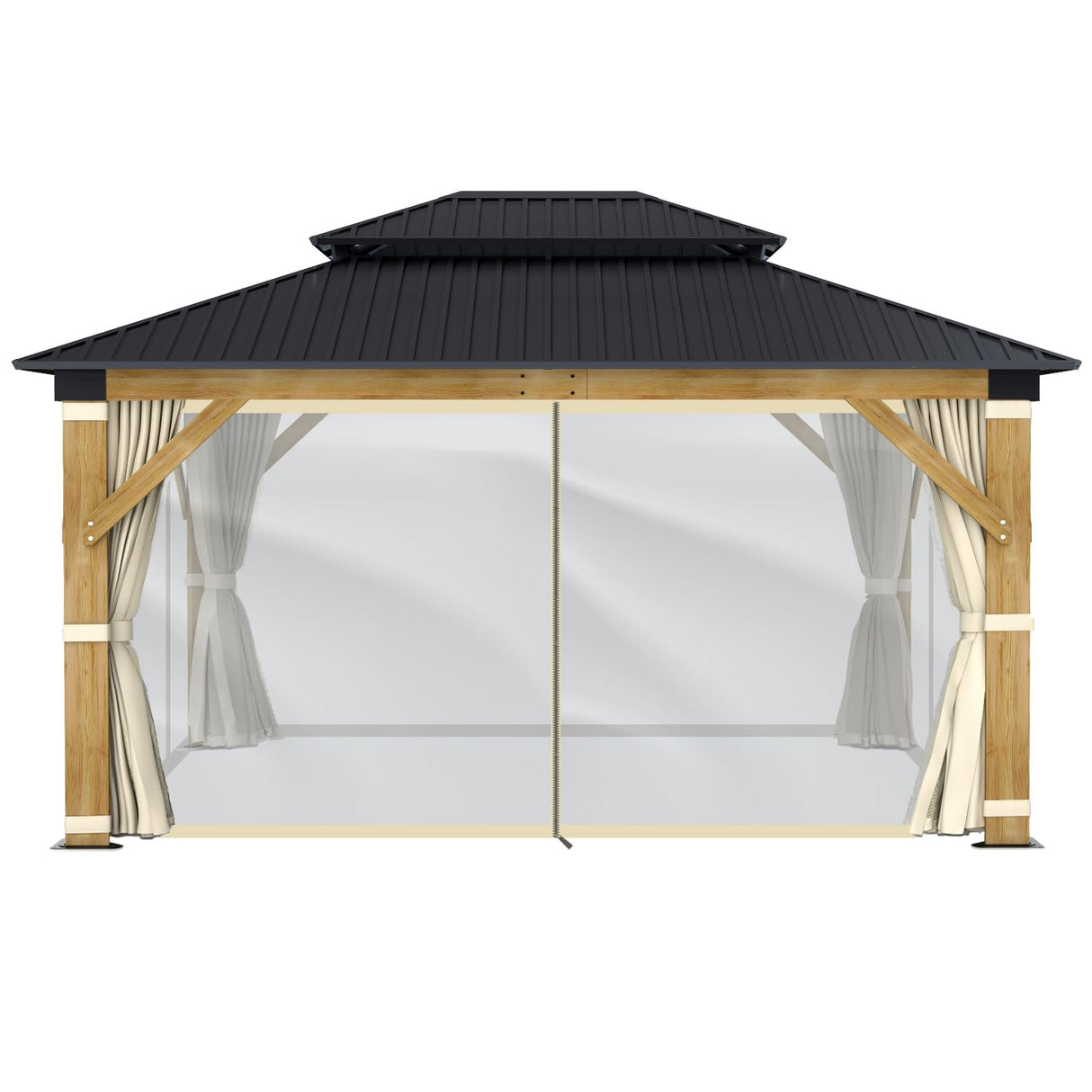 GARTOO 13' x 15' Wooden Gazebo Curtains Part - Outdoor Hardtop Patio Gazebo Canopy Netting Walls with Zipper, Breathable Mesh and Privacy Curtain GARTOO