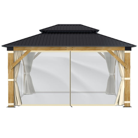 GARTOO 13' x 15' Wooden Gazebo Curtains Part - Outdoor Hardtop Patio Gazebo Canopy Netting Walls with Zipper, Breathable Mesh and Privacy Curtain GARTOO