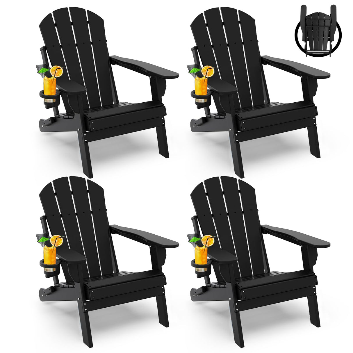 GREENVINES Folding-Adirondack-Chairs-Set-of-4 | HDPE Plastic | Fire Pit Chair | All Weather | Cup Holder | Black | for Deck Backyard Patio Outdoor Garden GREENVINES