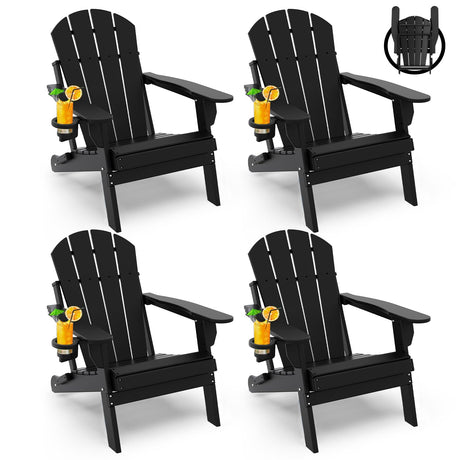 GREENVINES Folding-Adirondack-Chairs-Set-of-4 | HDPE Plastic | Fire Pit Chair | All Weather | Cup Holder | Black | for Deck Backyard Patio Outdoor Garden GREENVINES