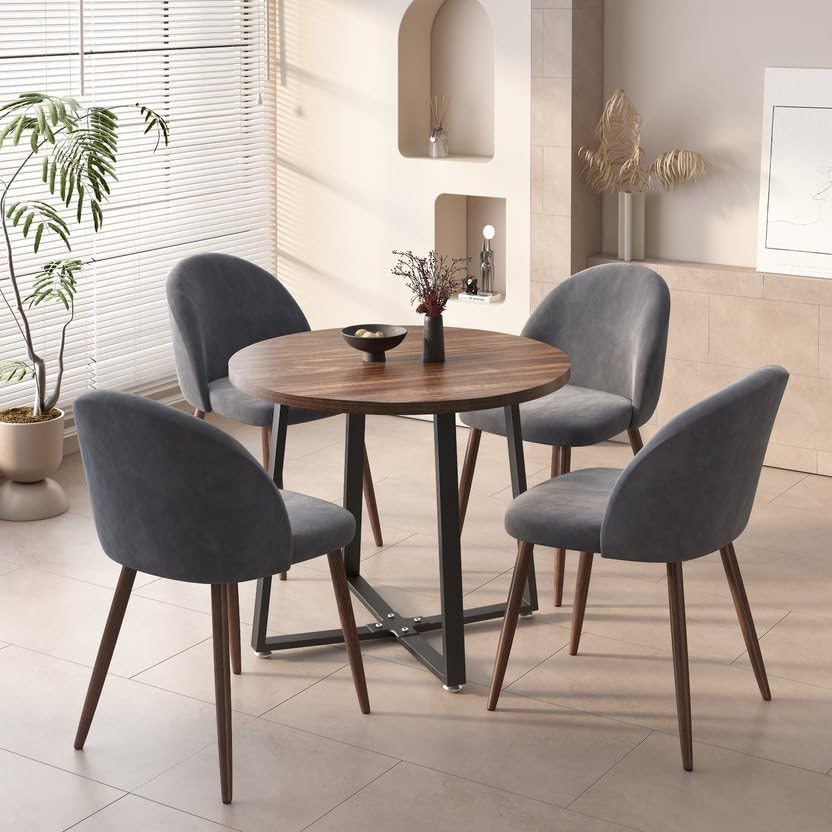 INO Design 5-Pieces Modern 35'' Inch Round Wooden Dining Table Set for 4 Comfortable Velvet Chairs, Space Saving Kitchen Furniture, Small Apartment Coffee Table Set (Grey) INO Design