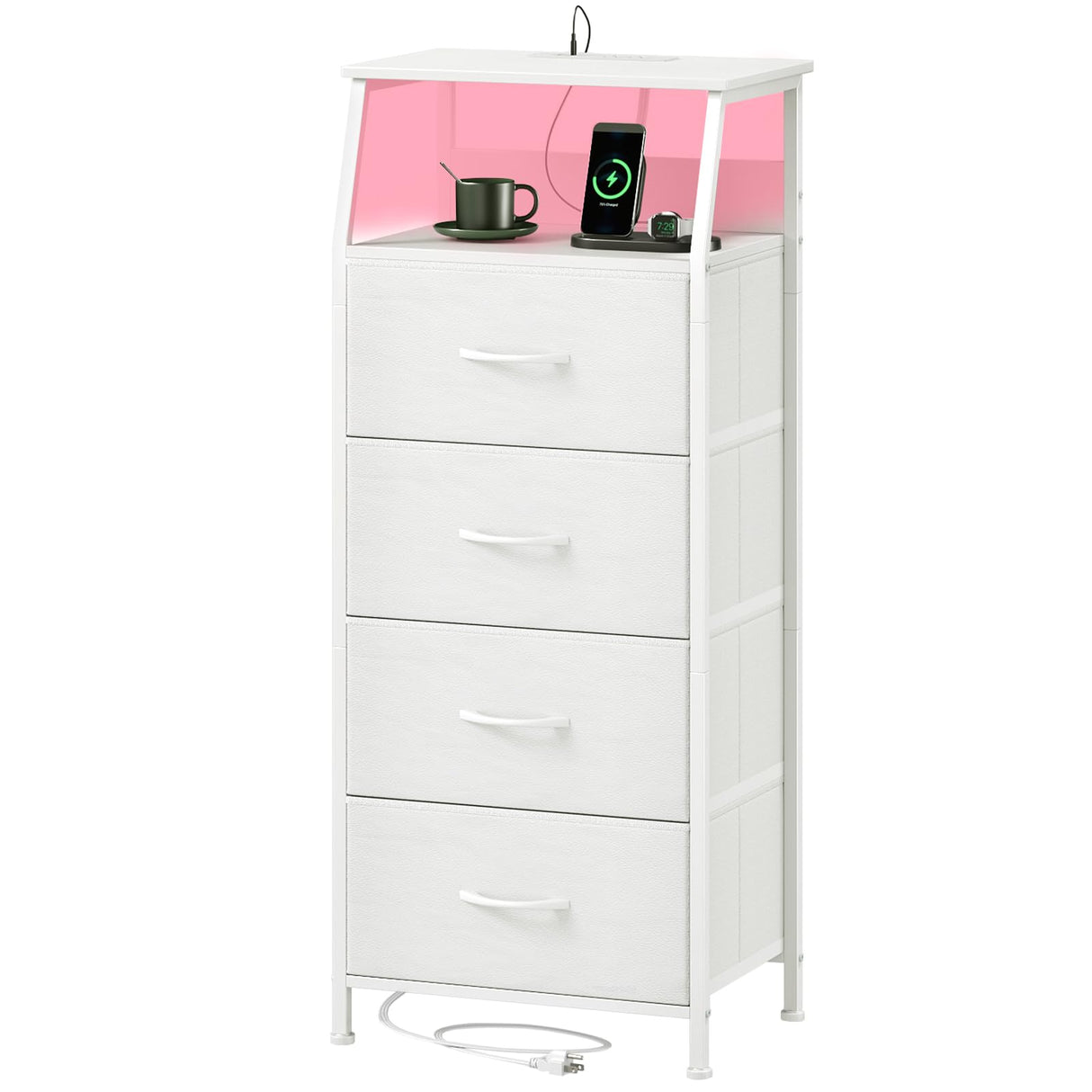 Somdot White Nightstand with Charging Station and LED Light for Bedroom, Tall 4 Drawers Dresser with Fabric Bins for Bedside Kids Dorm Room Closet Laundry Entryway, White Leather Somdot