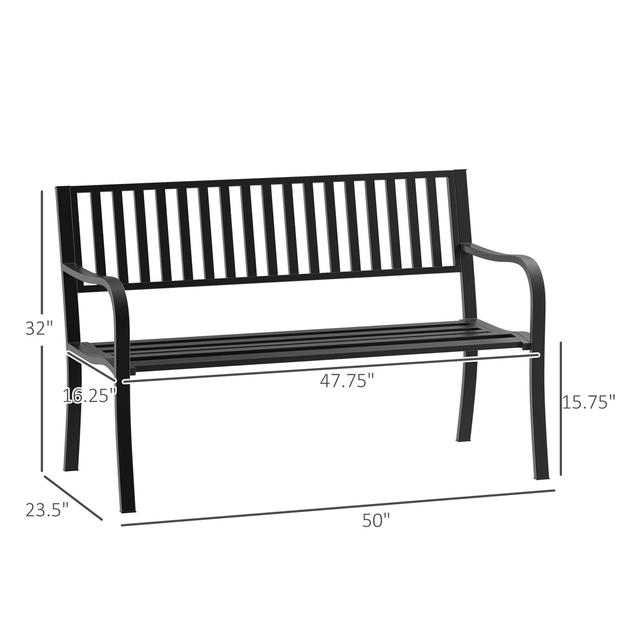 Outsunny 50" Outdoor Garden Bench, Patio Bench with Slatted Seat, Metal Porch Bench for Backyard, Poolside, Lawn, Black Outsunny