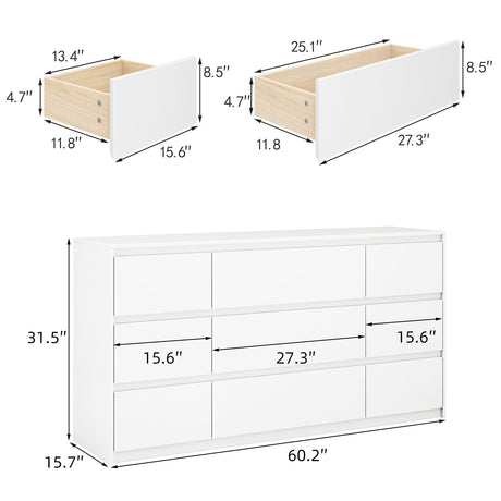 ZORPLIX White Dresser for Bedroom,60.4" W High Gloss Large 9 Drawers Dressers with Handle Free, Wide High Gloss Chest of Drawers Large, Long Modern Storage Drawer Dresser for Bedroom, Living Room ZORPLIX