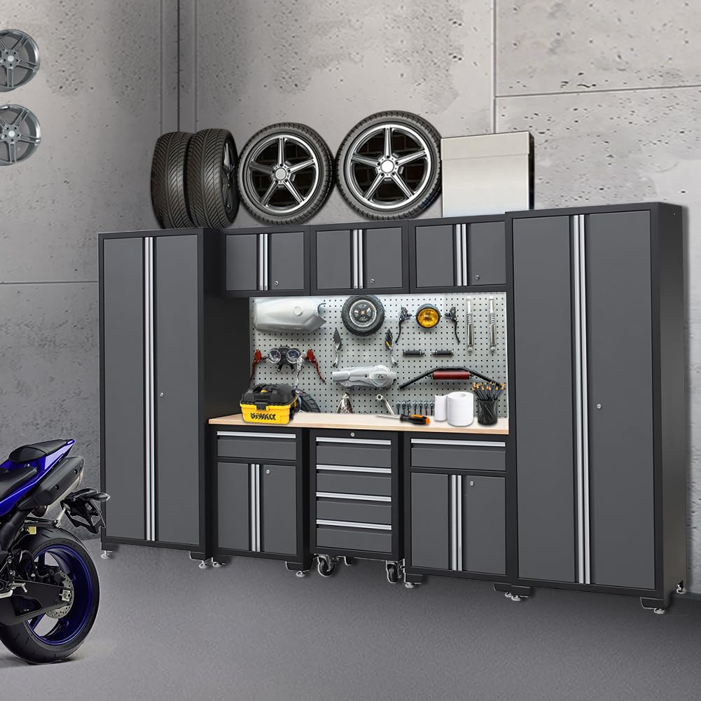 HPDMC 9-Piece Steel Garage Storage Cabinet System with Wooden Work Top, 130 in. L x 18 in. D x 76 in. H Assembled Workshop Chest Cabinet Set in Charcoal Gray HPDMC