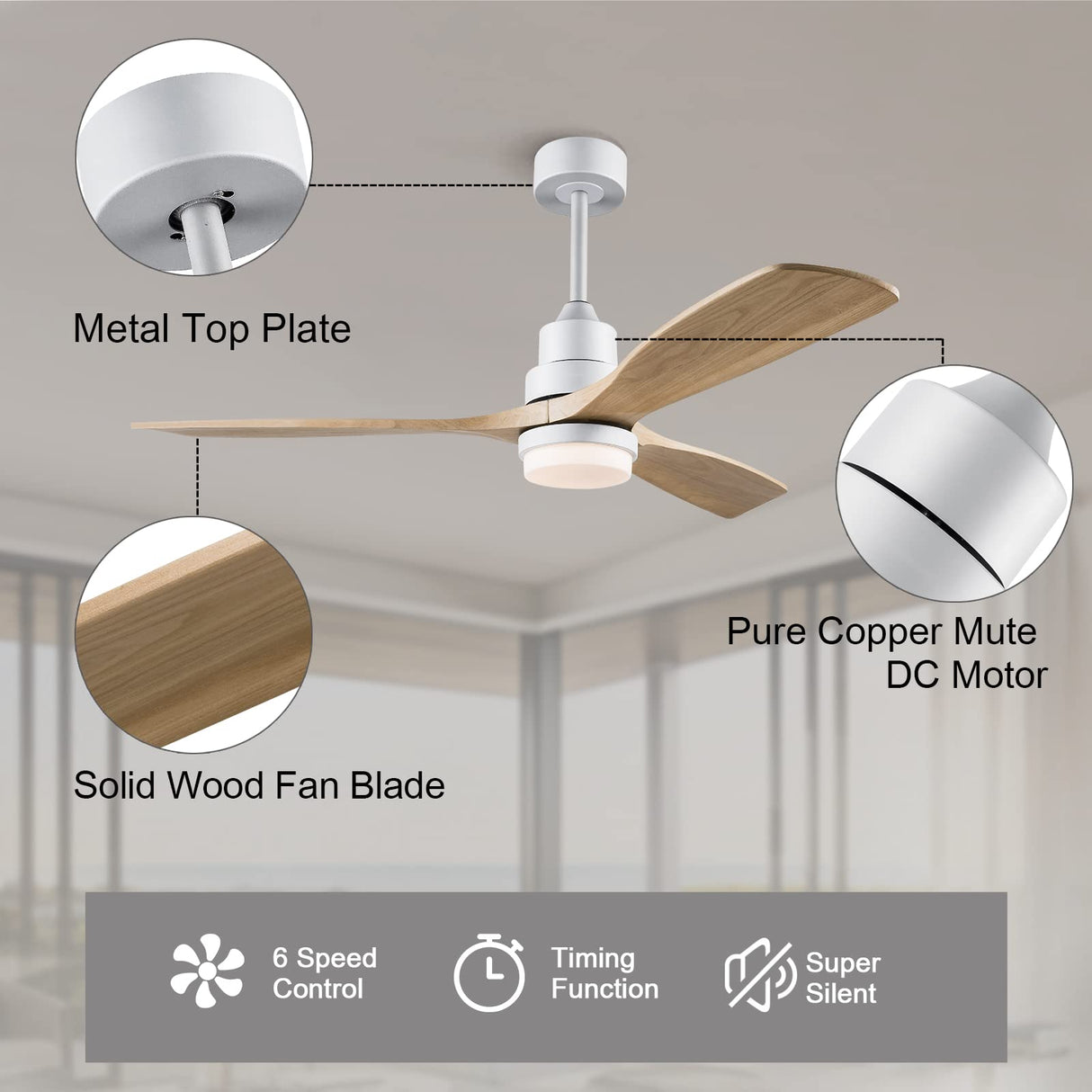 BOJUE 52 Inch Ceiling Fans with Light Remote Control,Indoor Outdoor Ceiling Fan for Patio Living Room,Bedroom,Office,Summer House,Etc BOJUE