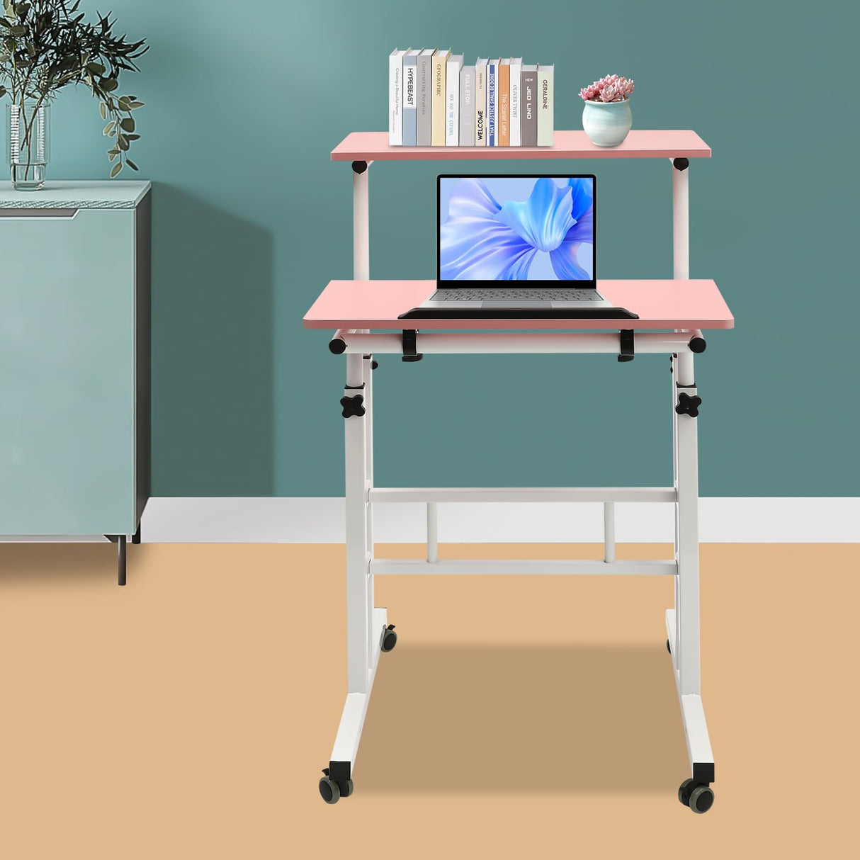 LEYSRIS Mobile Standing Desk Stand up Computer Desk Workstation with Universal Wheels, Adjustable Height Dual Desktop Tilting Panel Rolling Computer Cart (Pink) LEYSRIS