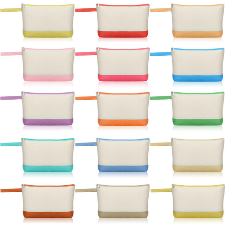 Silkfly 15 Pcs Cotton Canvas Makeup Bags Canvas Cosmetic Bag 10.2 x 5.5 x 2 Inches Two Tone Makeup Bags Bulk with Zipper Blank DIY Pouch with Bottom Travel Toiletry Pouch for Women (Cute) Silkfly